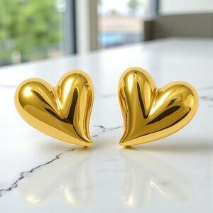 🆕 18K Gold Plated Stainless Steel Puffy Heart Trendy Chunky Stud Earrings
